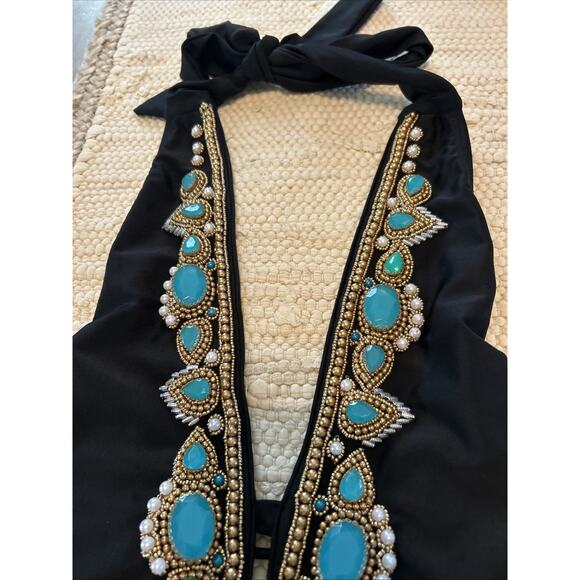 Asa Kaftans Black Turquoise Color Gems Gold Beaded Halter Swim Suit Size XL - Picture 3 of 10